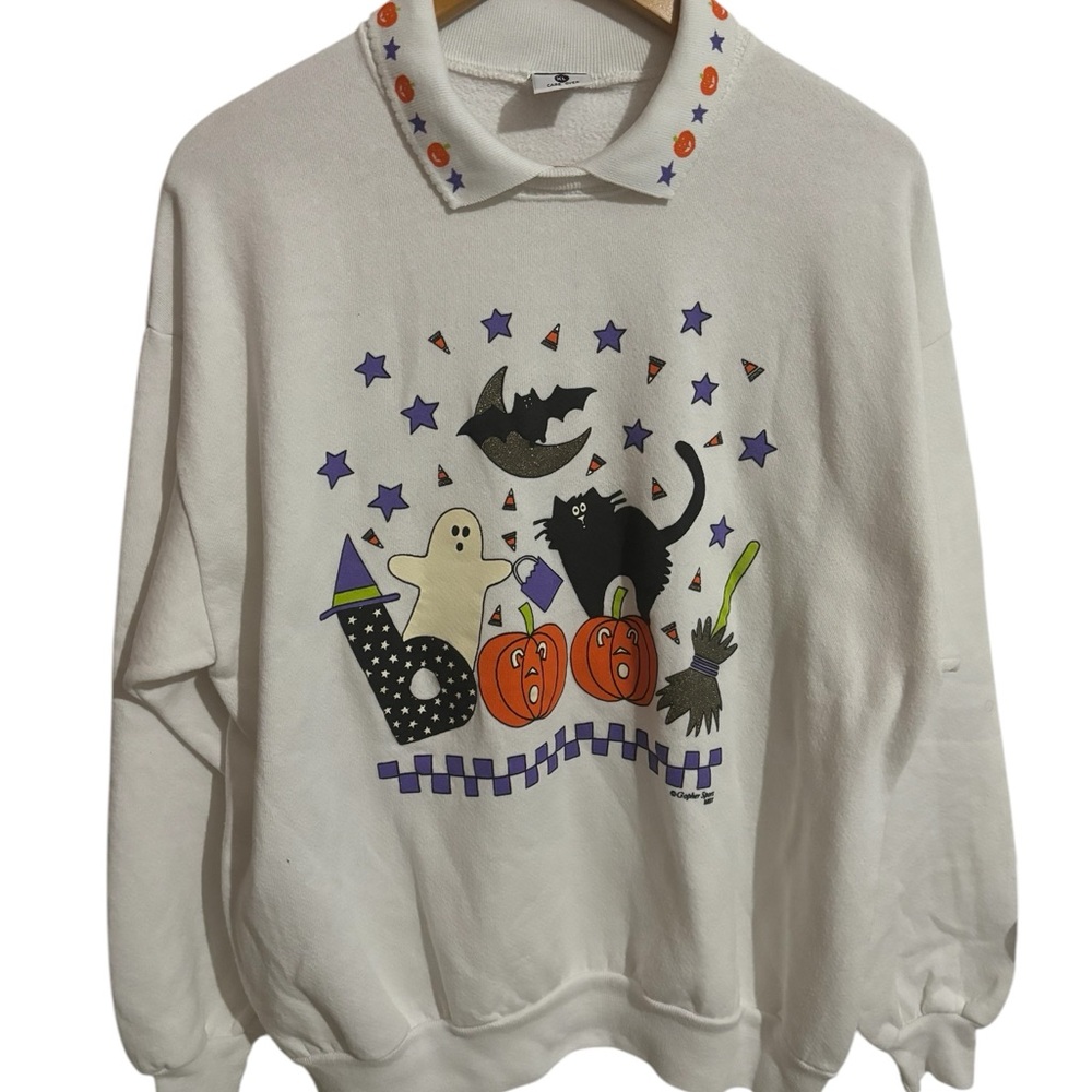 Vintage Halloween Ghost Cat Pumpkin Themed Sweater Collared Sweatshirt Crewneck